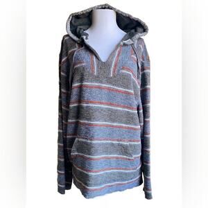 LUCKY BRAND Baja Beach Hoodie‎ Drug Rug Sweater Blue Gray Rust Striped Unisex S